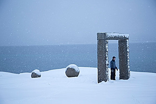 男青年,雕塑,入口,雪中,挪威