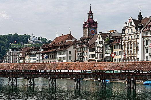 小教堂,桥,后面,城堡,卢塞恩市,琉森湖,瑞士,欧洲
