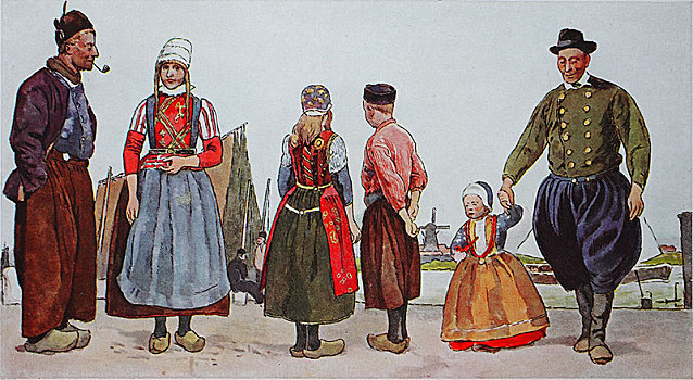 人,传统服装,时尚,服饰,衣服,荷兰,19世纪,不同,渔民,岛屿,插画
