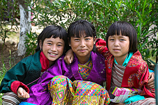 不丹,头像,三个,不丹人,女孩