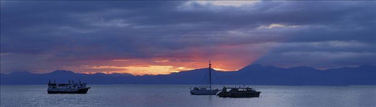 日出,后面,船,海滩,新西兰
