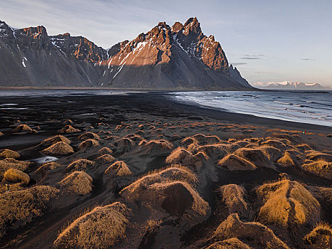 黑色,沙滩,繁茂,石头,山,海岬,山丘,东方,冰岛,欧洲