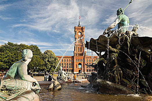 海王星喷泉,红色市政厅,柏林,德国,欧洲