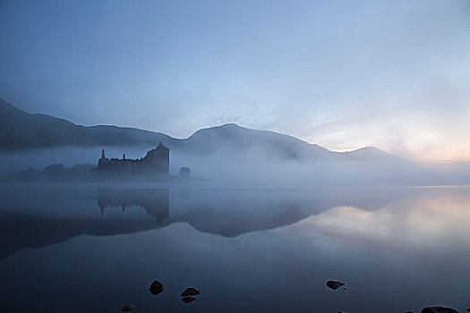 反射,城堡,奥尔湖,湖,雾,斯特拉斯克莱德,苏格兰