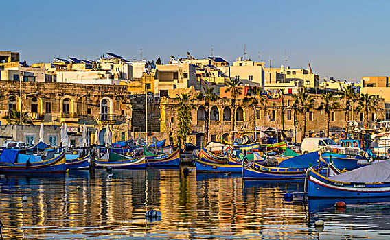 港口,马尔萨什洛克,马耳他,晚上,亮光,传统,渔船
