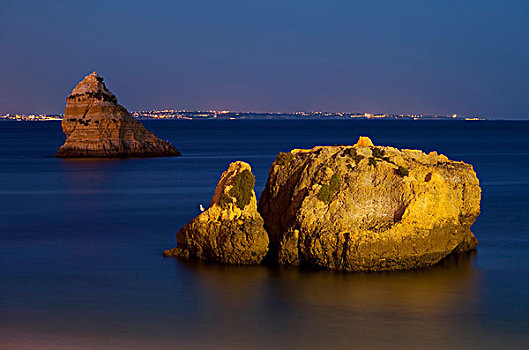 光亮,石头,海洋,夜晚,拉各斯,阿尔加维,葡萄牙,欧洲