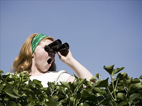 女孩,看,上方,树篱,双筒望远镜