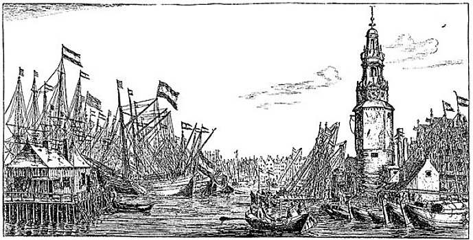 历史,插画,青鱼,捕鱼,船队,港口,阿姆斯特丹,16世纪,荷兰,欧洲