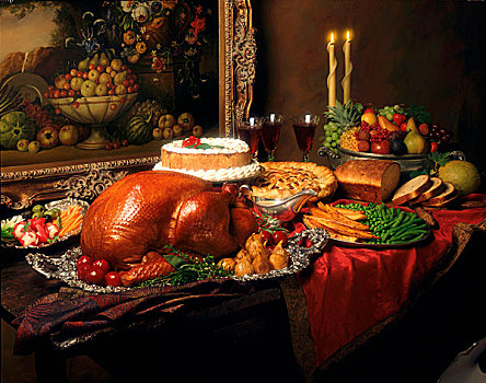 感恩节,自助餐,火鸡,浇汁,馅饼,面包,美国