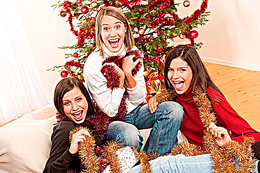 三个,愉悦,女人,有趣,圣诞节,正面,树