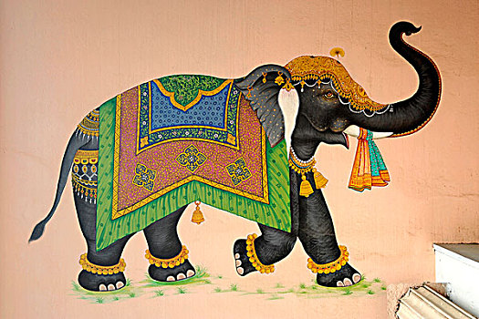 壁画,装饰,斋浦尔,拉贾斯坦邦,北印度,印度,南亚,亚洲