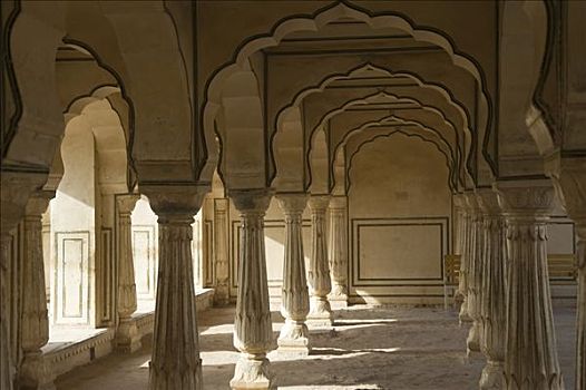 柱廊,琥珀堡,斋浦尔,拉贾斯坦邦,印度,南亚