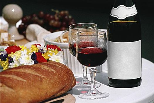 特写,勃艮第,葡萄酒,法式面包,放置,桌子,法国