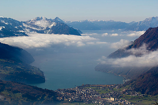 秋天,瑞士,阿尔卑斯山,雾,太阳
