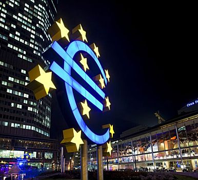 欧元符号,夜晚,正面,欧洲,中央银行,剧院,法兰克福,黑森州,德国