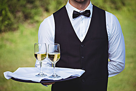 英俊,服务员,拿着,托盘,两个,玻璃杯,葡萄酒,户外