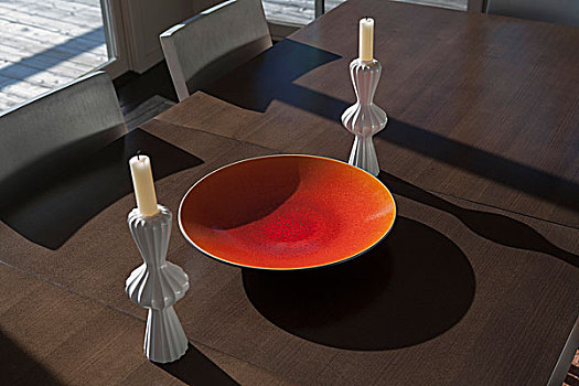 大,橙色,碗,蜡烛,餐厅,桌子,俯拍