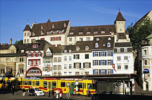 瑞士,巴塞尔,有轨电车,行人,建筑,背景