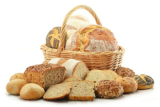 构图,面包,柳条篮,隔绝,白色背景