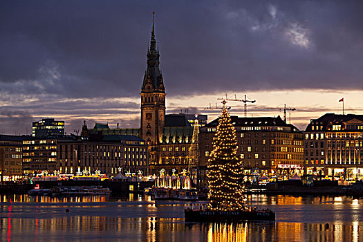 湖,市政厅,圣诞时节,汉堡市,德国,欧洲