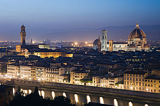全景,风景,城市,大教堂,夜晚,佛罗伦萨,托斯卡纳,意大利,欧洲