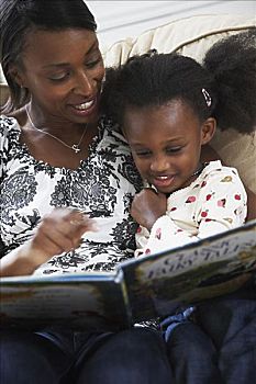 母女,读,书本