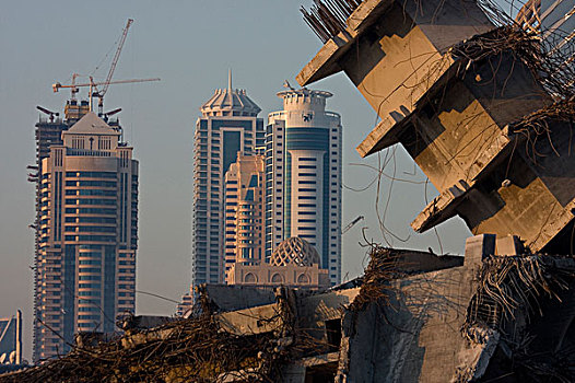 阿联酋,迪拜,码头,破损,毁坏,建筑,对比,现代,塔,背景