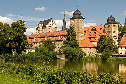 水塘,正面,图尔瑙,城堡,弗兰哥尼阶,瑞士,弗兰克尼亚,巴伐利亚,德国,欧洲
