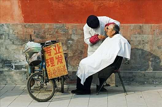 中国,北京,户外,理发师,剪发,旁侧,庙宇,墙壁