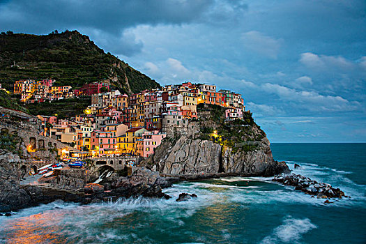 风景,城镇,黄昏,马纳罗拉,五渔村,利古里亚,意大利,欧洲