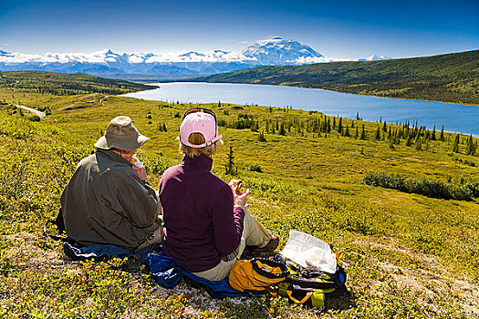 两个,远足者,享受,午餐,苔原,远眺,山,麦金利山,旺湖,晴天,德纳里峰国家公园,室内,阿拉斯加
