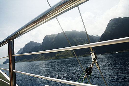 夏威夷,考艾岛,北岸,纳帕利海岸,海耶纳,栏杆,帆船