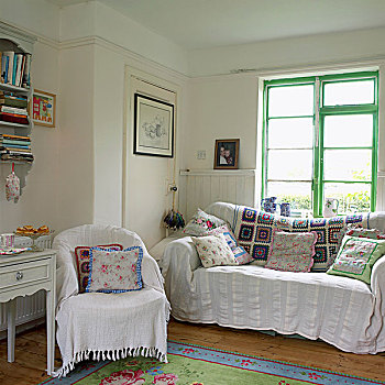 客厅,白色,拼合,毯子,花,垫子,扶手椅,沙发