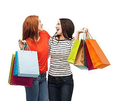 购物,销售,礼物,概念,两个,微笑,少女,购物袋