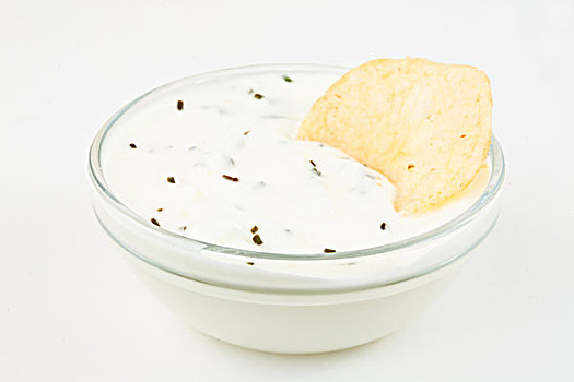 碗,白色,浸,药草,干酪辣味玉米片,白色背景
