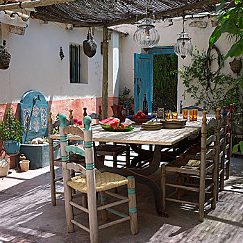 桌子,简单,木质,椅子,遮盖,平台,西班牙,地中海,风格
