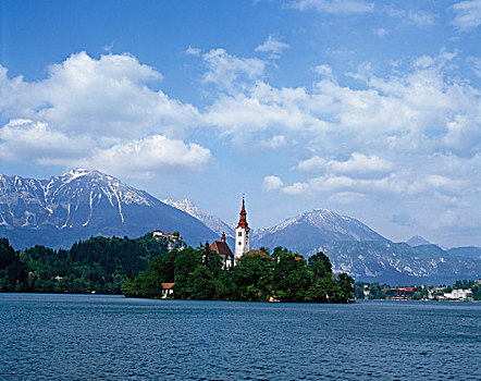 教堂,水岸,布莱德湖,朱利安阿尔卑斯,斯洛文尼亚