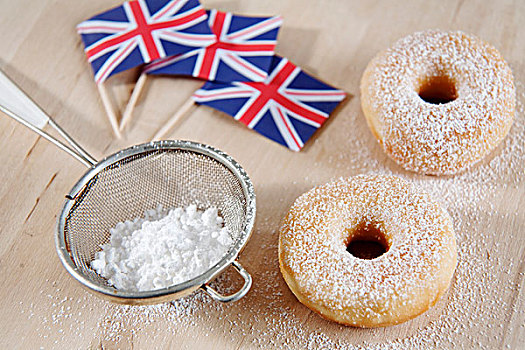 甜甜圈,糖粉,英国国旗,背景