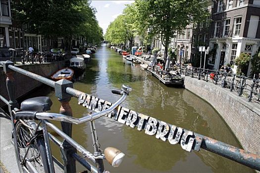 桥,上方,自行车,栏杆,文字,阿姆斯特丹,荷兰,欧洲