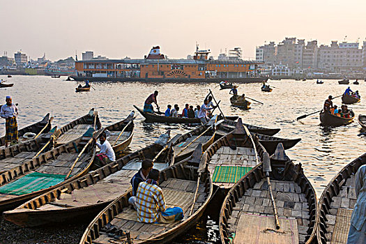 老,蒸汽,船,后面,划艇,忙碌,港口,达卡,孟加拉,亚洲