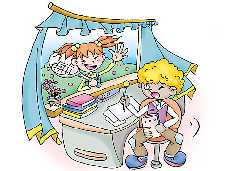 卡通插画,玩乐,勤奋,图书插图,童年,小男孩,小女孩,学英语