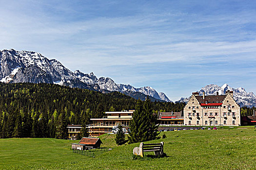 城堡,酒店,山脉,阿尔卑斯峰,陆地,上巴伐利亚,巴伐利亚,德国,欧洲