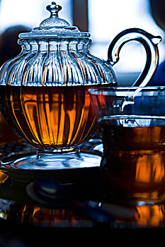 玻璃茶壶,茶,玻璃,茶杯,逆光