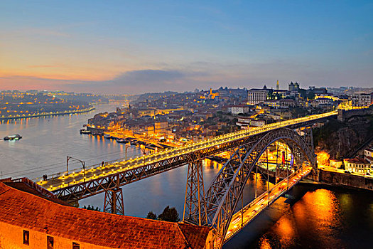 俯视,桥,河,日落,背景,波尔图,葡萄牙