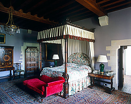 传统,四柱床,沙发床,软垫,红色,灯芯绒