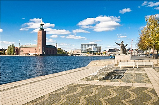 斯德哥尔摩,市政厅,码头,夏天