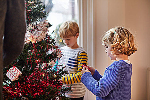 两个孩子,装饰,圣诞树,家