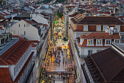 俯视,围绕,建筑,黄昏,奥古斯塔拱门,里斯本,葡萄牙