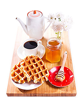 早餐,华夫饼,蜂蜜,咖啡,木板,白色背景,背景