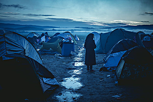 难民,露营,边界,早晨,重,雨,中马其顿,希腊,欧洲